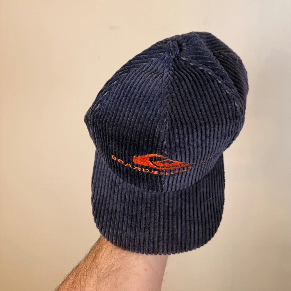 Vintage Quiksilver‎ Boardshort Co Navy Blue Corduroy Snapback Hat Orange Logo